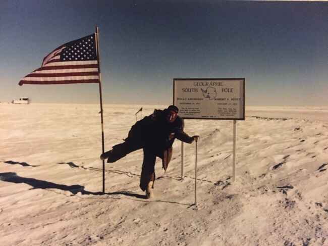 Photo of Evelyn Genkinger at the Geographic South Pole.