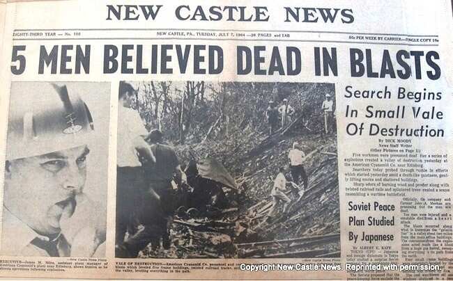 Front page of New Castle News dated Tuesday July 7, 1964 with headline "5 Men Believed Dead In Blasts"