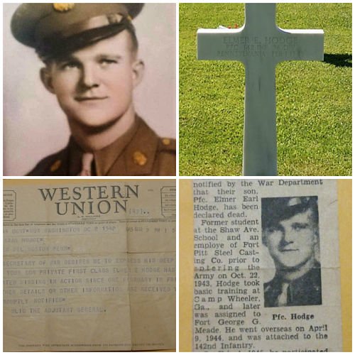 A four photo collage of Elmer Earl Hodge, a Western Union Telegram, a white marble cross, and a newspaper clipping.