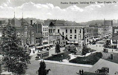 Old postcard of New Castle Pennsylvania showing the public square looking east.